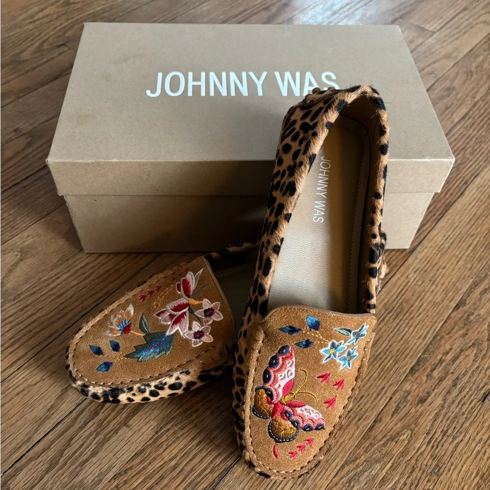 JOHHNY WAS Taline Leopard Embroidered Calf Hair Slip on Moccasins Loafers - Picture 6 of 6